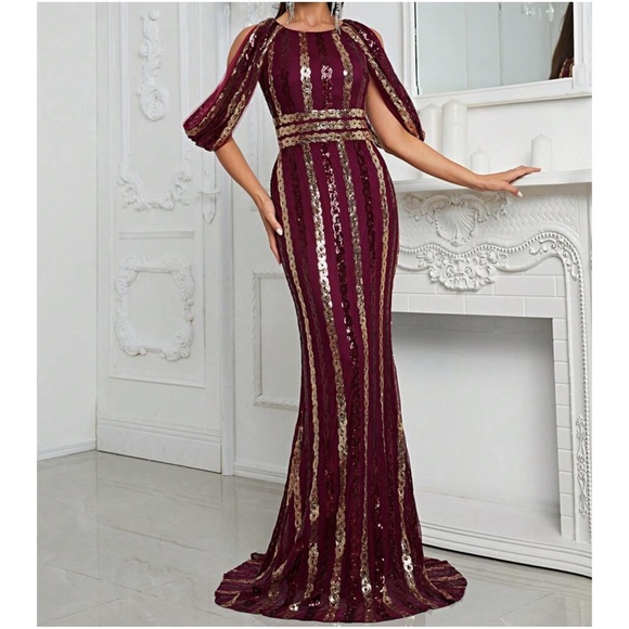 Luxe Cold shoulder sequin Evening Formal Black Tie Wedding Dress - Picture 8 of 9